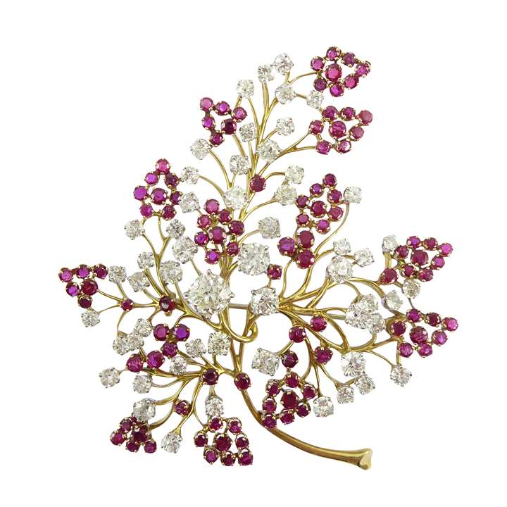 Ruby and diamond cluster 'Capillaire' maidenhair fern brooch
